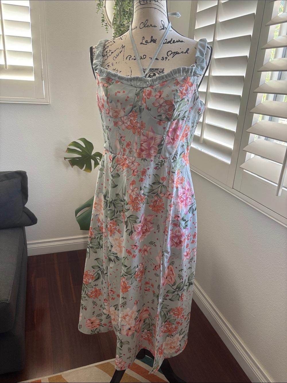 Floral Midi Dress with Pink & Coral Blooms and pockets